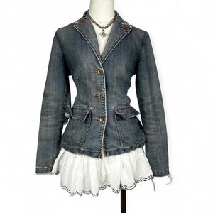 Vintage Y2K Denim Jacket Fits Womens S Distressed Faded Indie Preppy Grunge